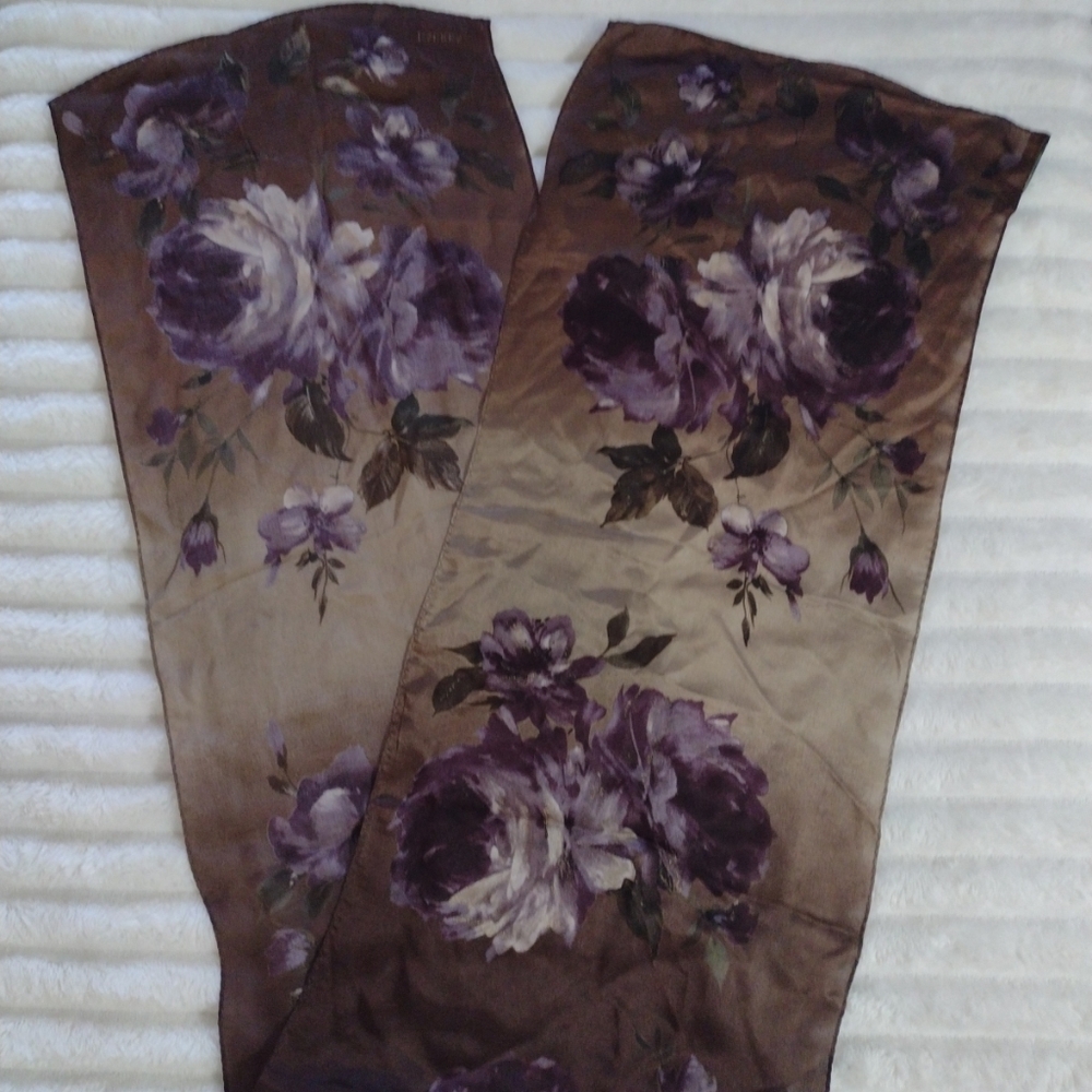 Lauren Ralph Lauren 100% Silk Scarf 48"x11" Chocolate&Golden Brown Violet Floral